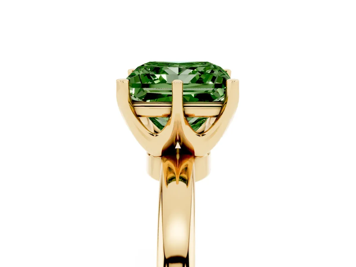 Fancy Green Princess Cut Solitaire Diamond Ring with Six-Prong Setting on a Classic Band Yellow gold