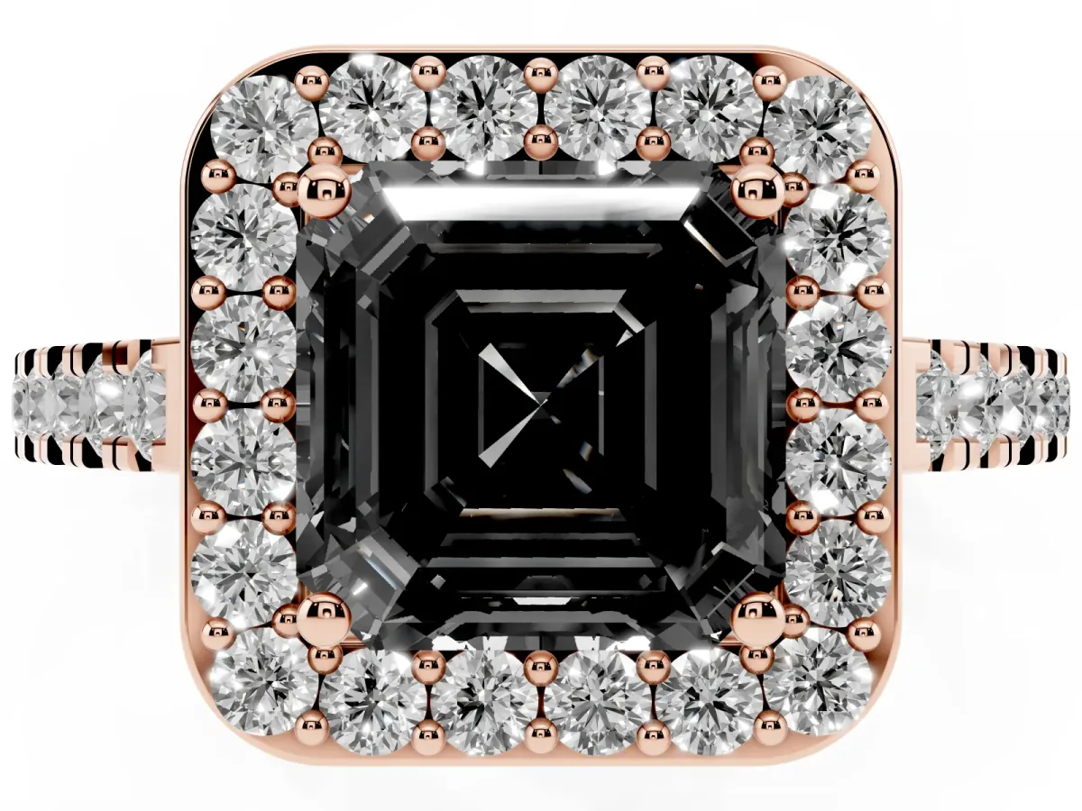 Fancy Black Asscher Cut Diamond Halo Ring with Round Pavé Split Shank and Prong Setting Rose gold