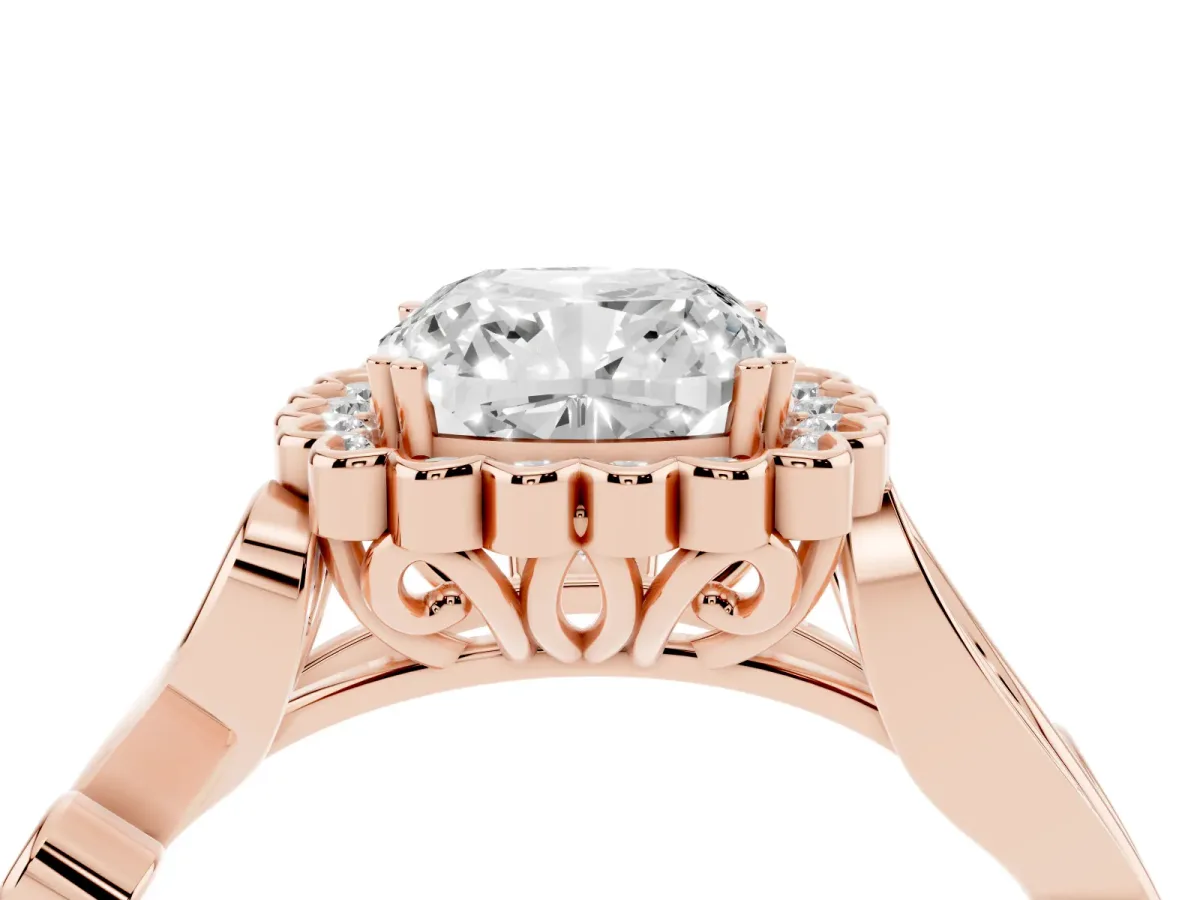 Cushion Cut Diamond Halo Ring with Vintage Split Shank and Four-Prong Setting Rose gold
