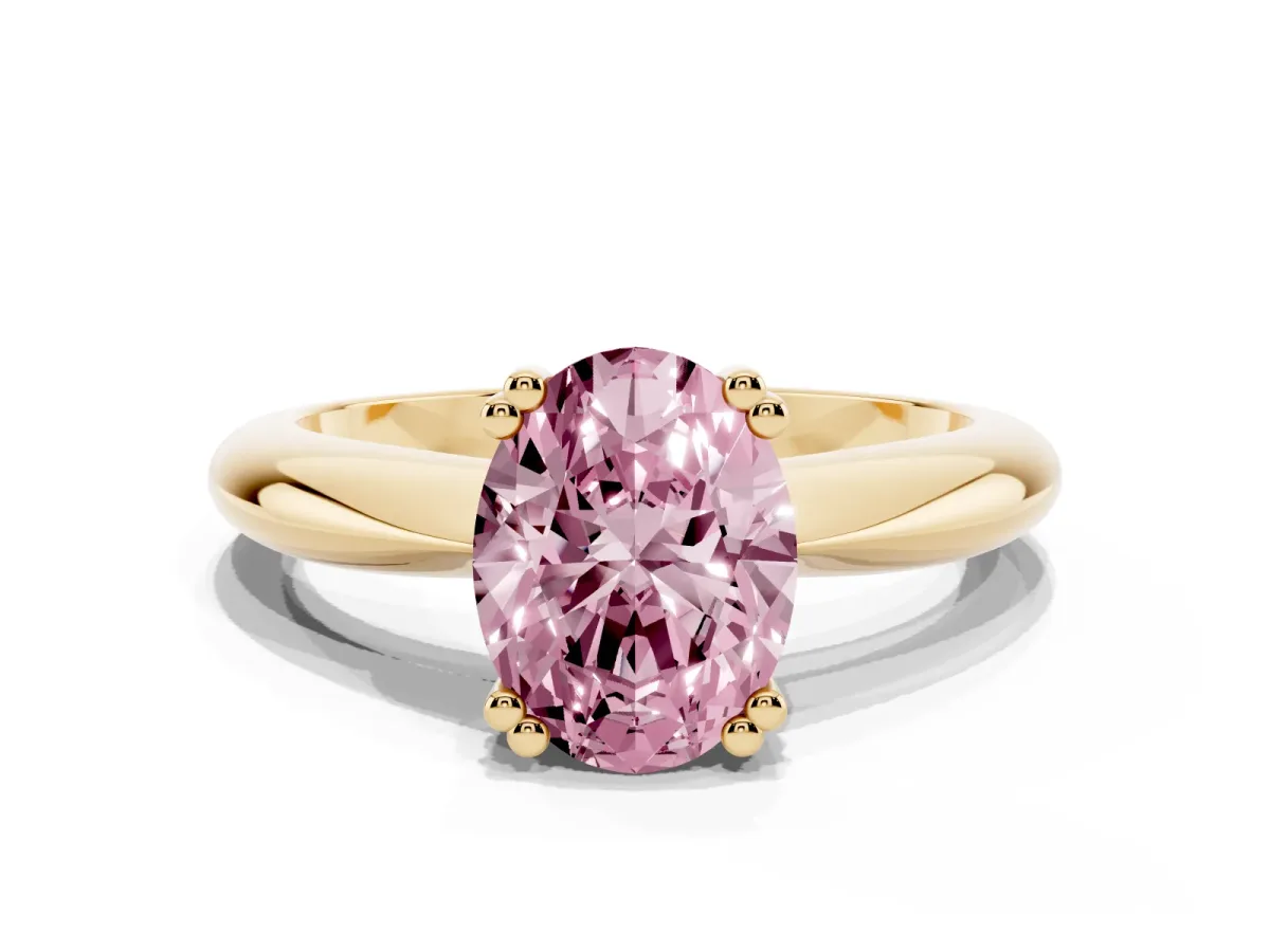 Fancy Pink Oval Cut Cut Solitaire Engagement Ring with Tapered Band and Four-Prong Setting Yellow gold