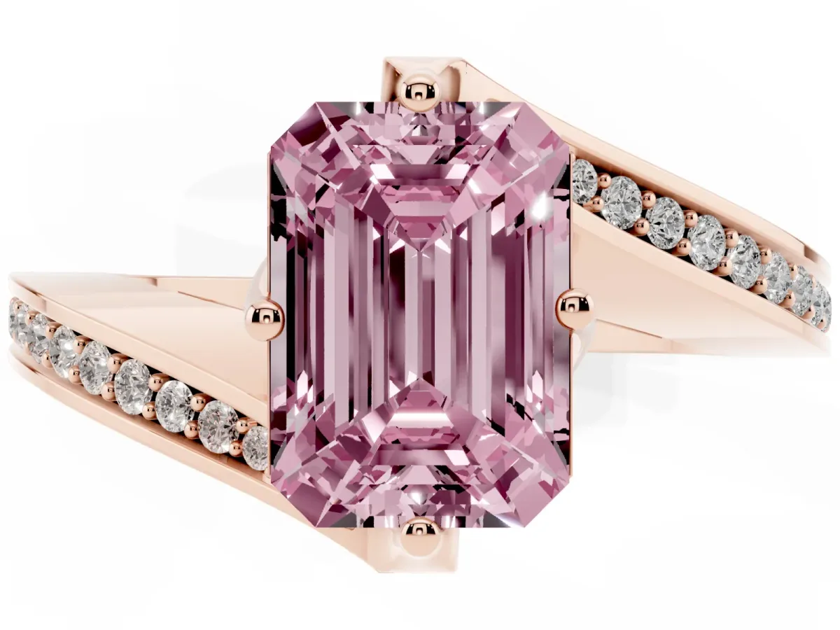 Fancy Pink Emerald Cut Solitaire Diamond Twist Band with Pavé Setting and Four-Prong Setting Rose gold