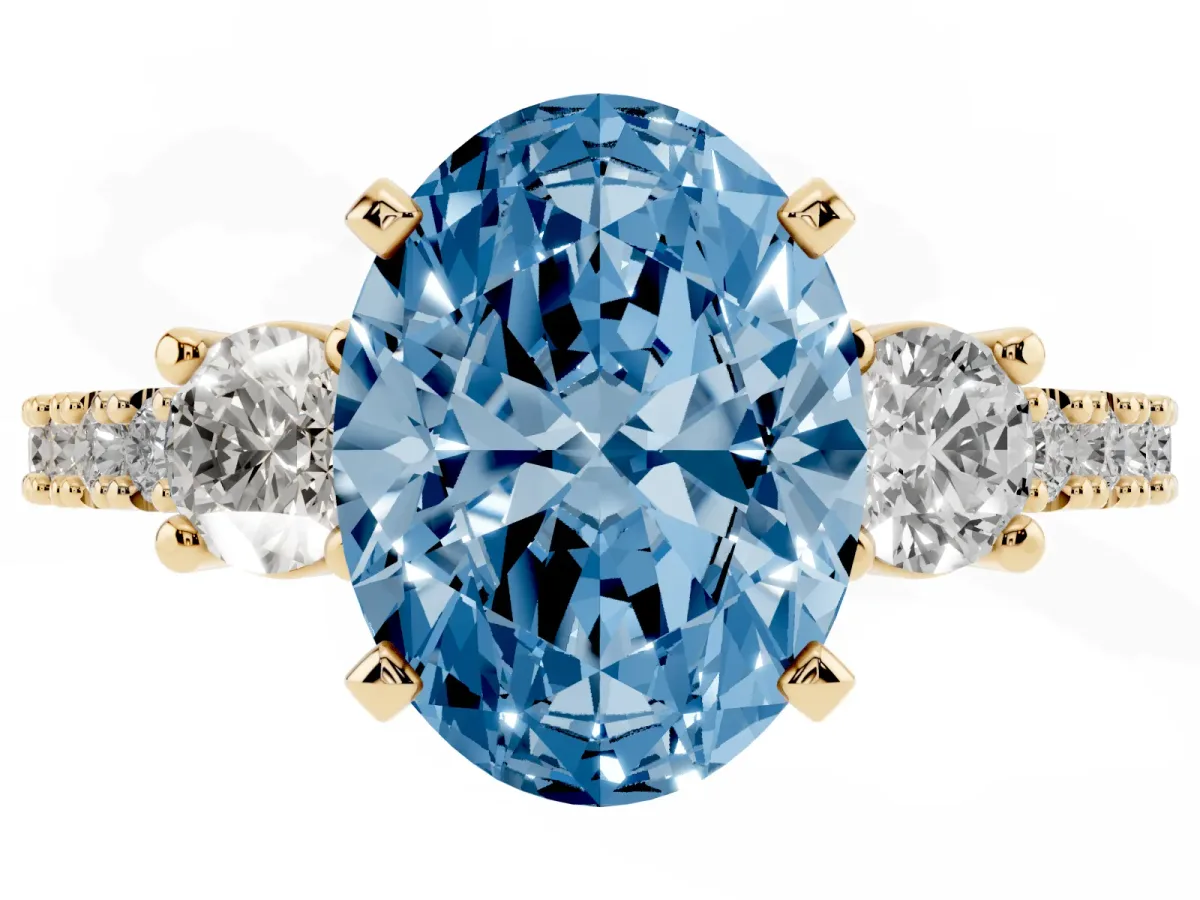 Fancy Blue Oval Cut Three-Stone Diamond Pavé Band with Prong Setting Yellow gold