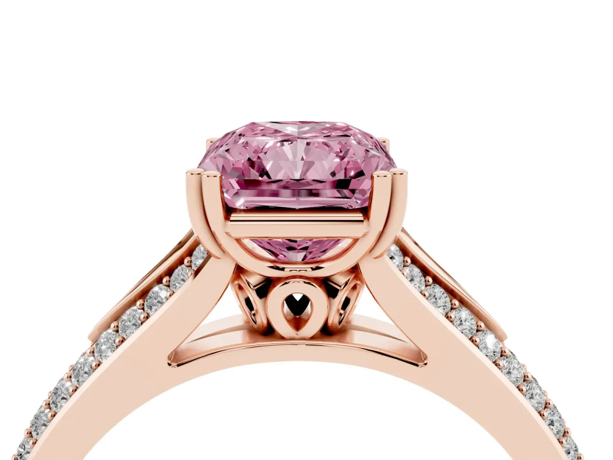 Fancy Pink Radiant Cut Diamond Split Shank Engagement Ring with Pavé Band Rose gold