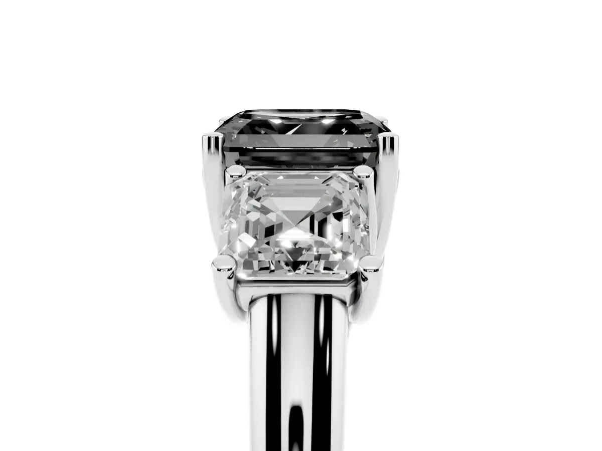 Fancy Black Three-Stone Asscher Cut Diamond Engagement Ring with Prong Setting Platinum