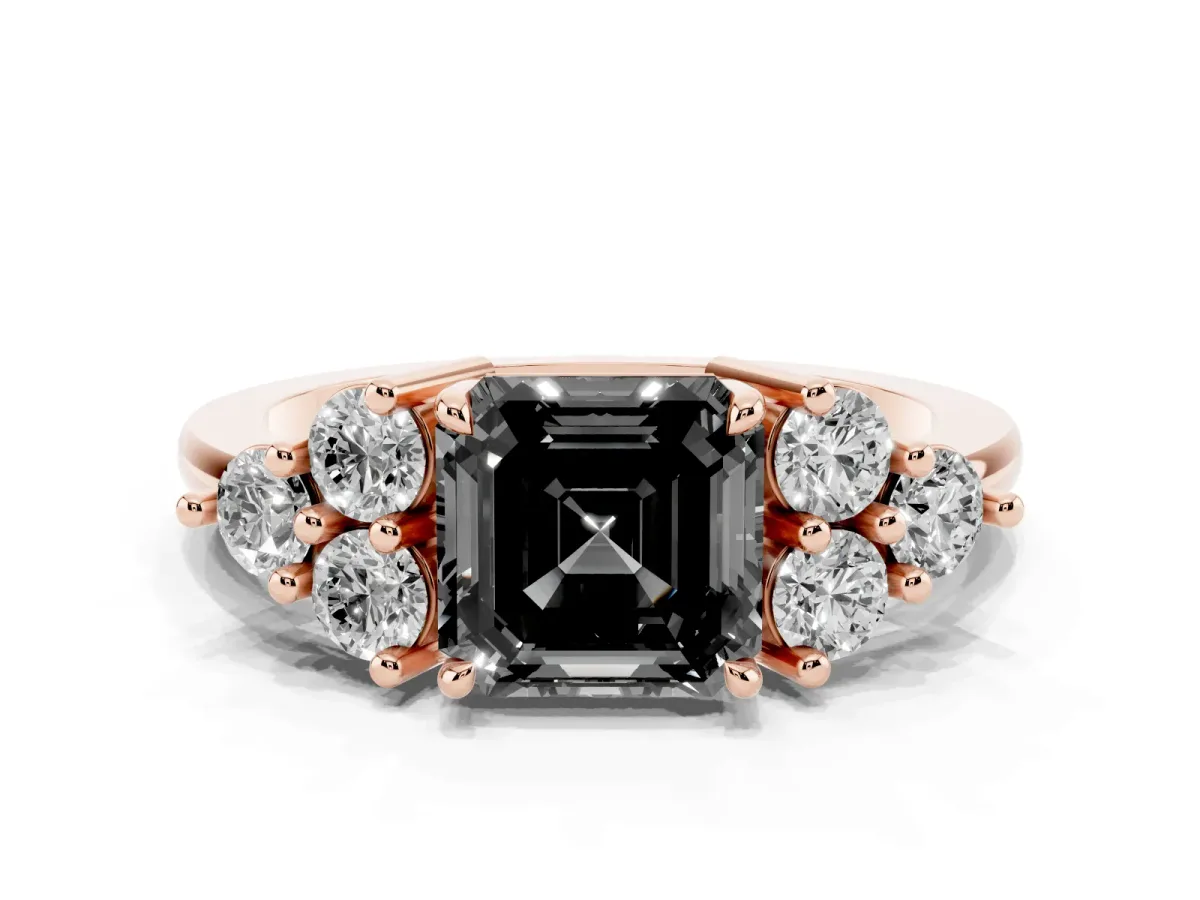Fancy Black Asscher Cut Brilliant Diamond Cluster Accent Solitaire Ring with Prong Setting Rose gold