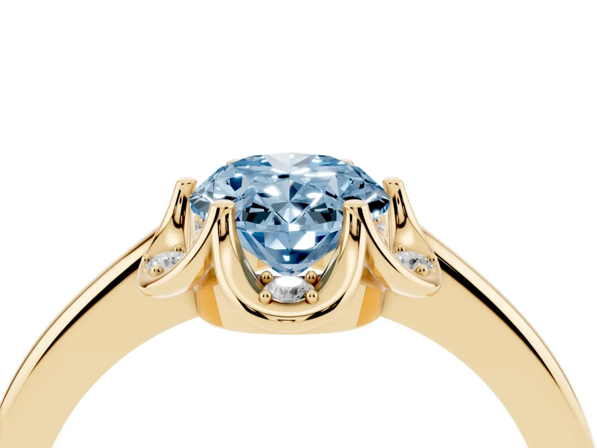 Fancy Blue Oval Cut Halo Diamond Ring with Round Cluster Setting, Solitaire Band, and Four-Prong Setting Yellow gold