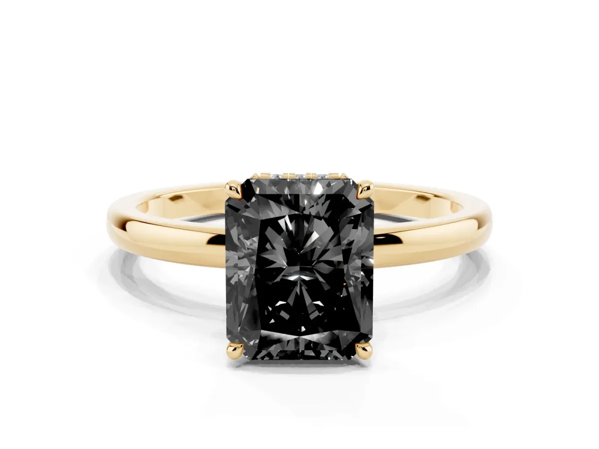 Fancy Black Radiant Cut Solitaire Engagement Ring with Cathedral Band and Four-Prong Setting Yellow gold