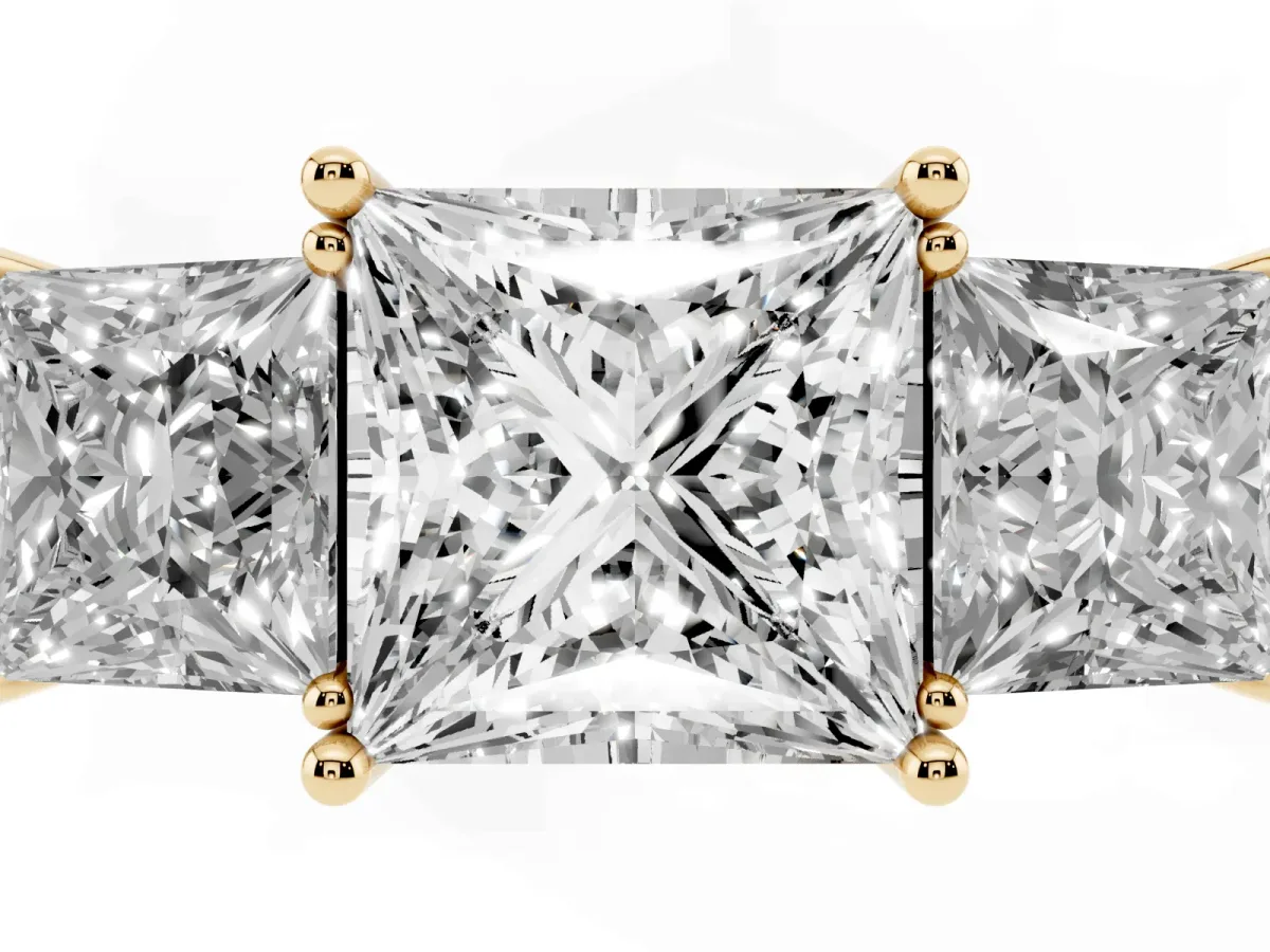 Three-Stone Princess Cut Cut Diamond Engagement Ring with Prong Setting on a White Gold Band Yellow gold