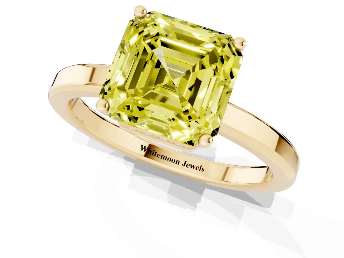 Fancy Yellow Asscher Cut Cut Solitaire Engagement Ring with Four-Prong Setting on a Classic Band Yellow gold