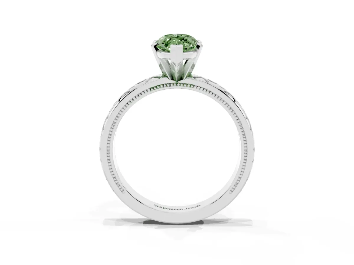 Fancy Green Marquise Cut Solitaire Engagement Ring with Scrollwork Band and Four-Prong Setting Silver