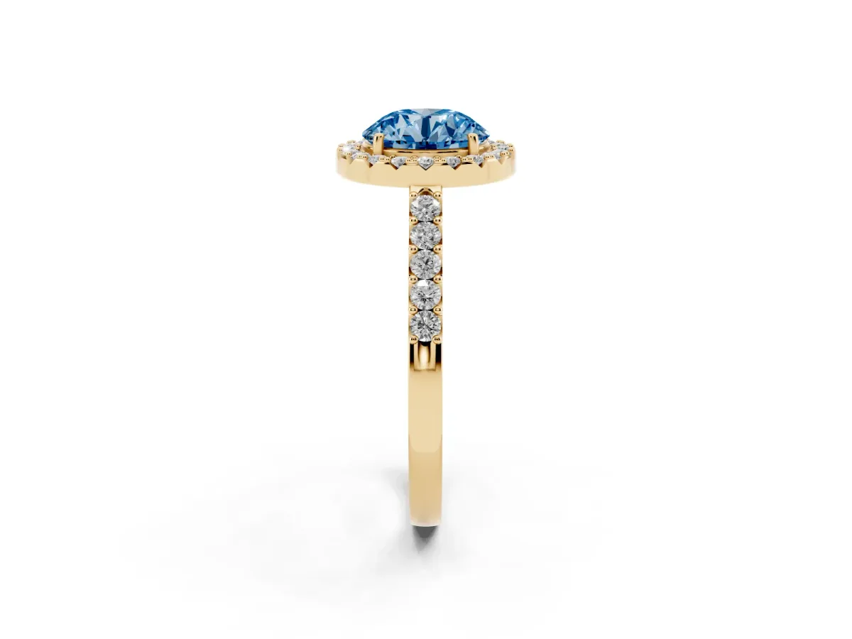 Fancy Blue Round Cut Halo Diamond Pavé Solitaire Ring Yellow gold