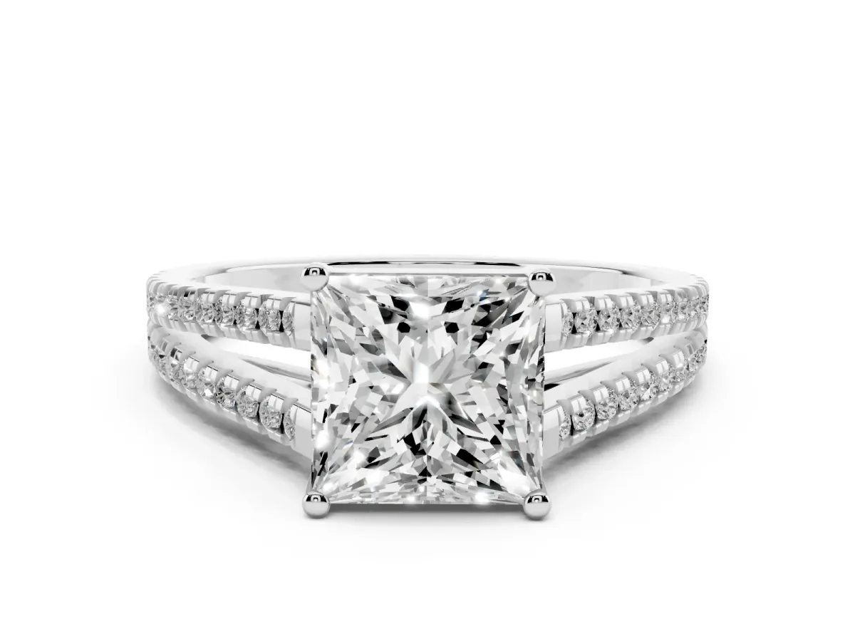 Princess Cut Diamond Solitaire Engagement Ring with Split Shank Pavé Band Silver