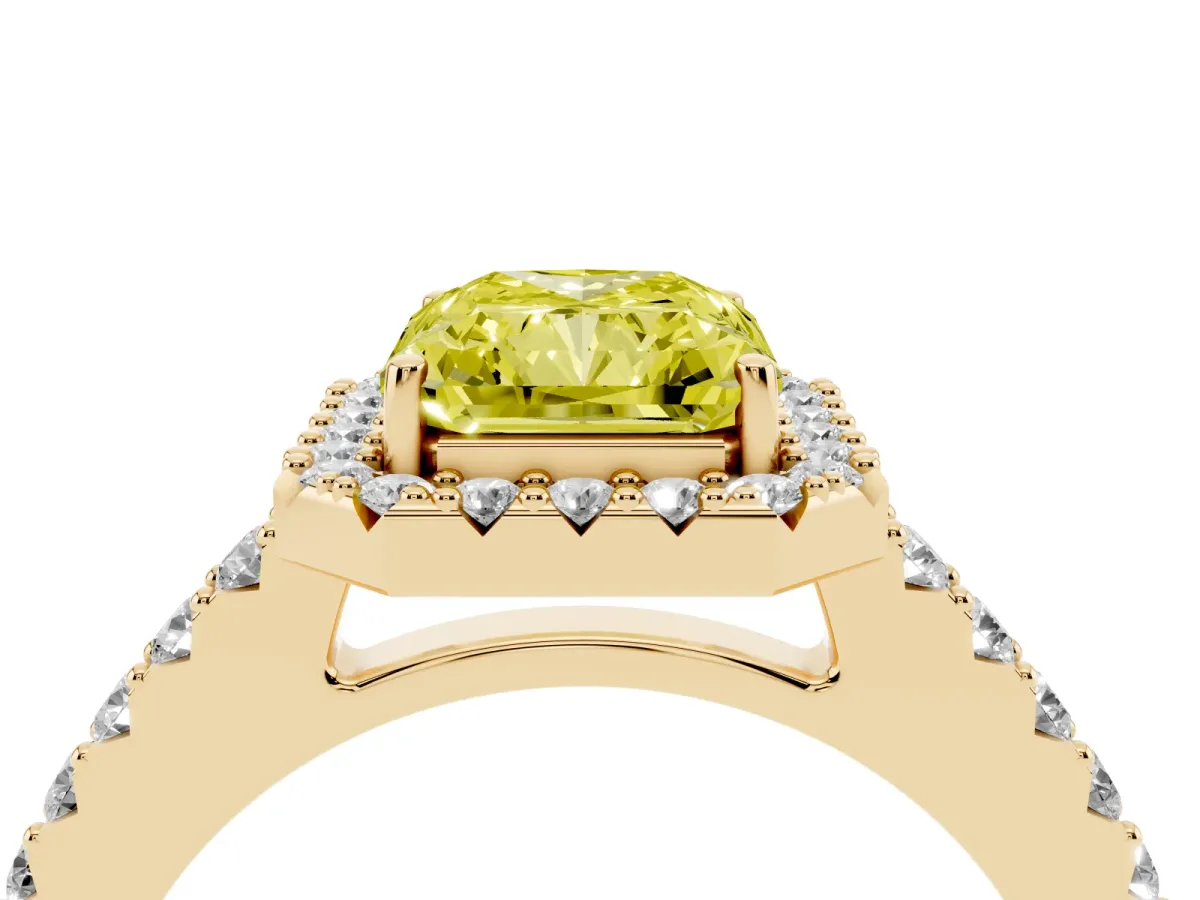 Fancy Yellow Radiant Cut Halo Diamond Pavé Solitaire Ring Yellow gold
