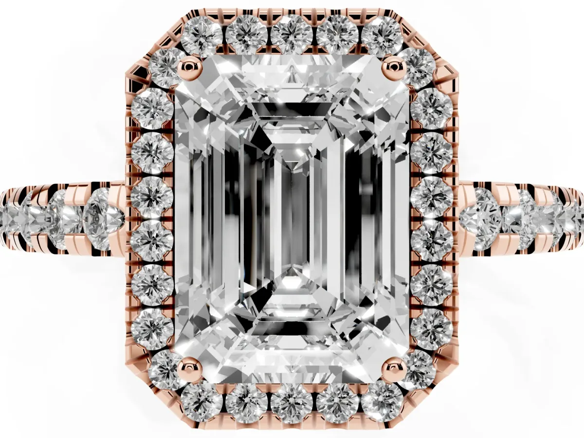 Emerald Cut Diamond Halo Ring with Pavé Band and Four-Prong Setting Rose gold