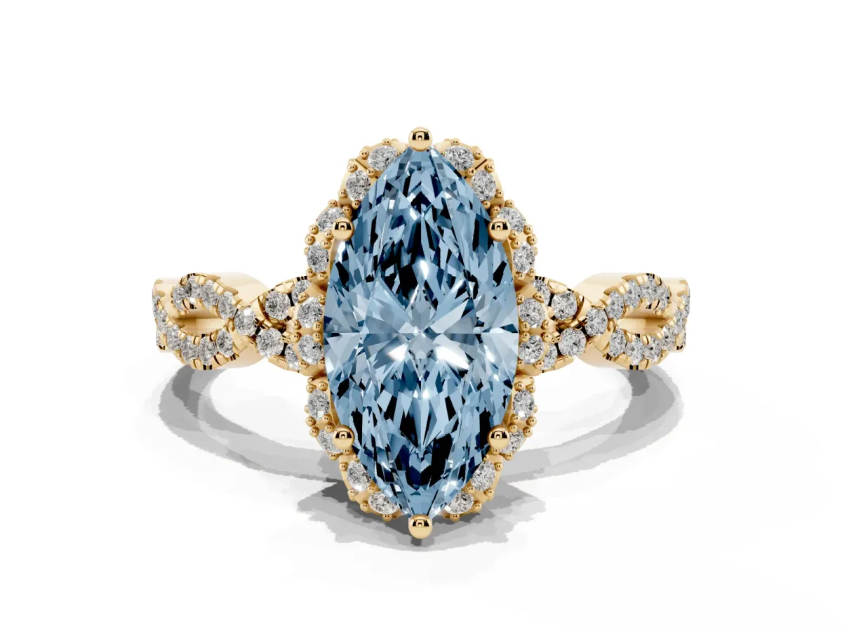 Fancy Blue Marquise Cut Halo Twist Band Solitaire Ring with Six-Prong Setting Yellow gold