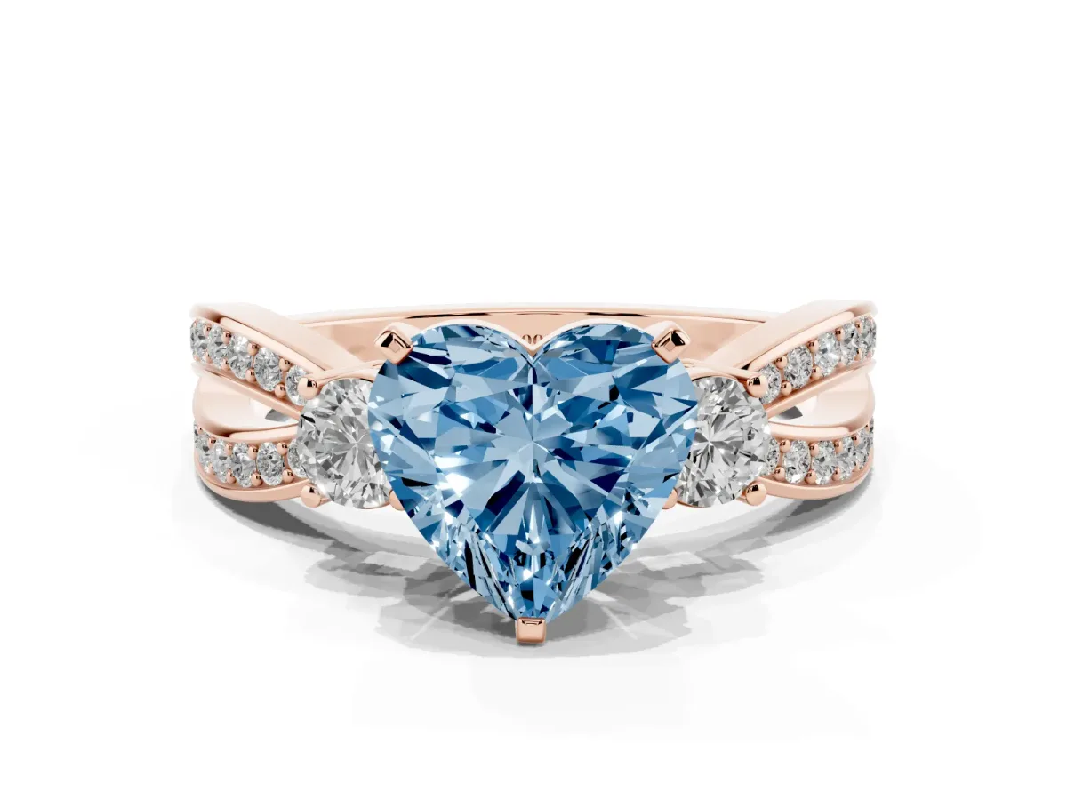 Fancy Blue Three-Stone Heart Cut Cut Diamond Twist Band with Prong Setting Rose gold