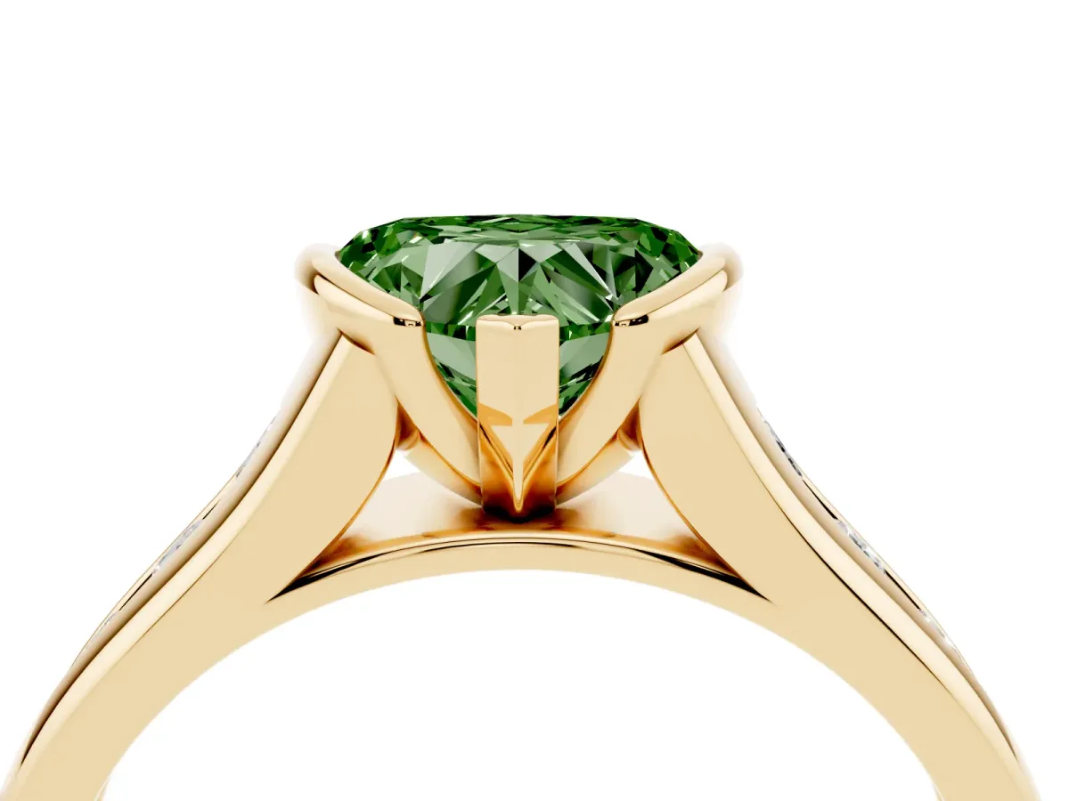 Fancy Green Heart Cut Solitaire Bezel-Set Diamond Ring with Channel-Set Band Yellow gold