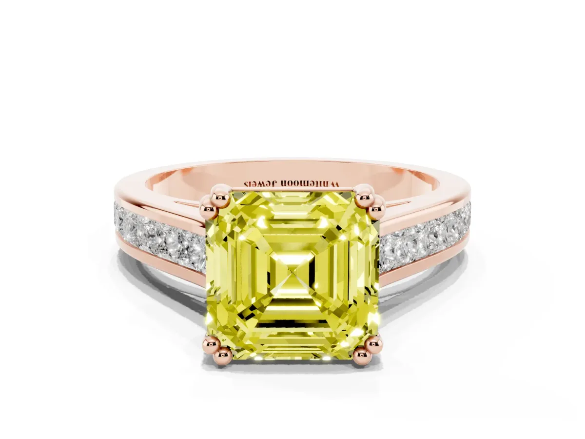 Fancy Yellow Asscher Cut Cut Channel Set Solitaire Engagement Ring with Prong Setting Rose gold