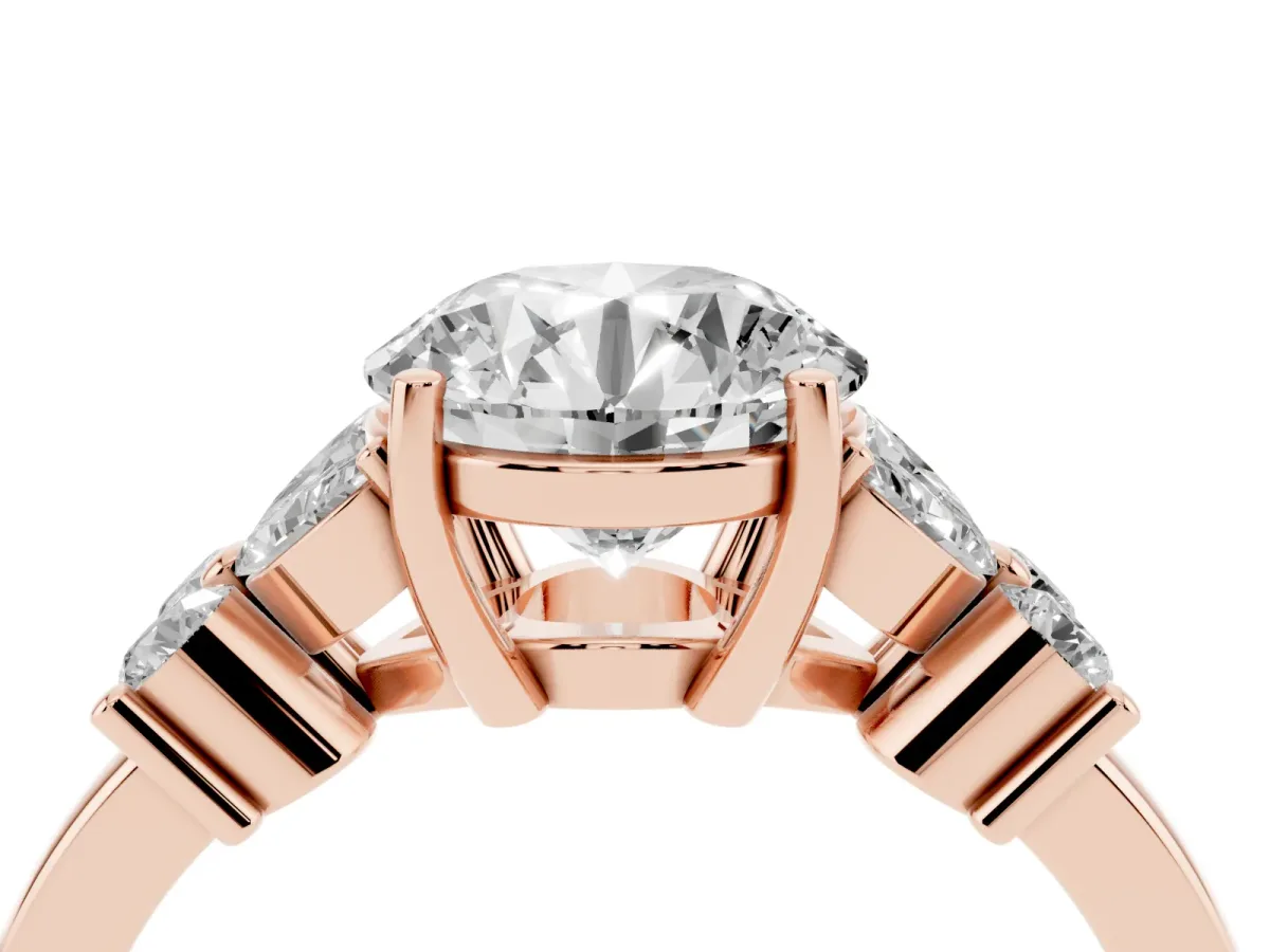 Round Cut Diamond Floral Cluster Ring with Solitaire Band and Prong Setting Rose gold