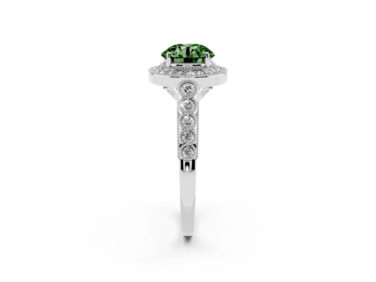 Fancy Green Round Cut Halo Milgrain Solitaire with Bezel Set Side Stones and Pave Band Platinum