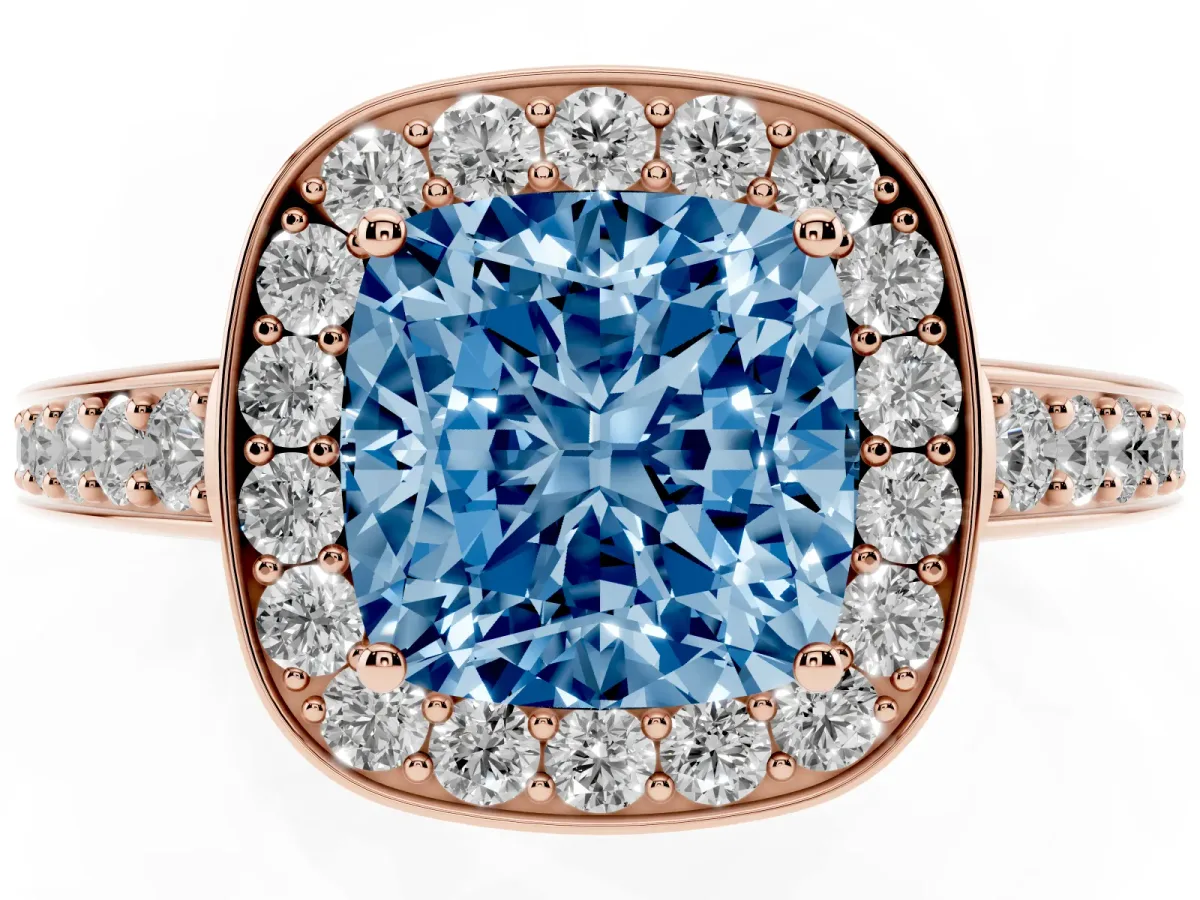 Fancy Blue Cushion Cut Halo Pavé Diamond Engagement Ring with Bezel Setting Rose gold