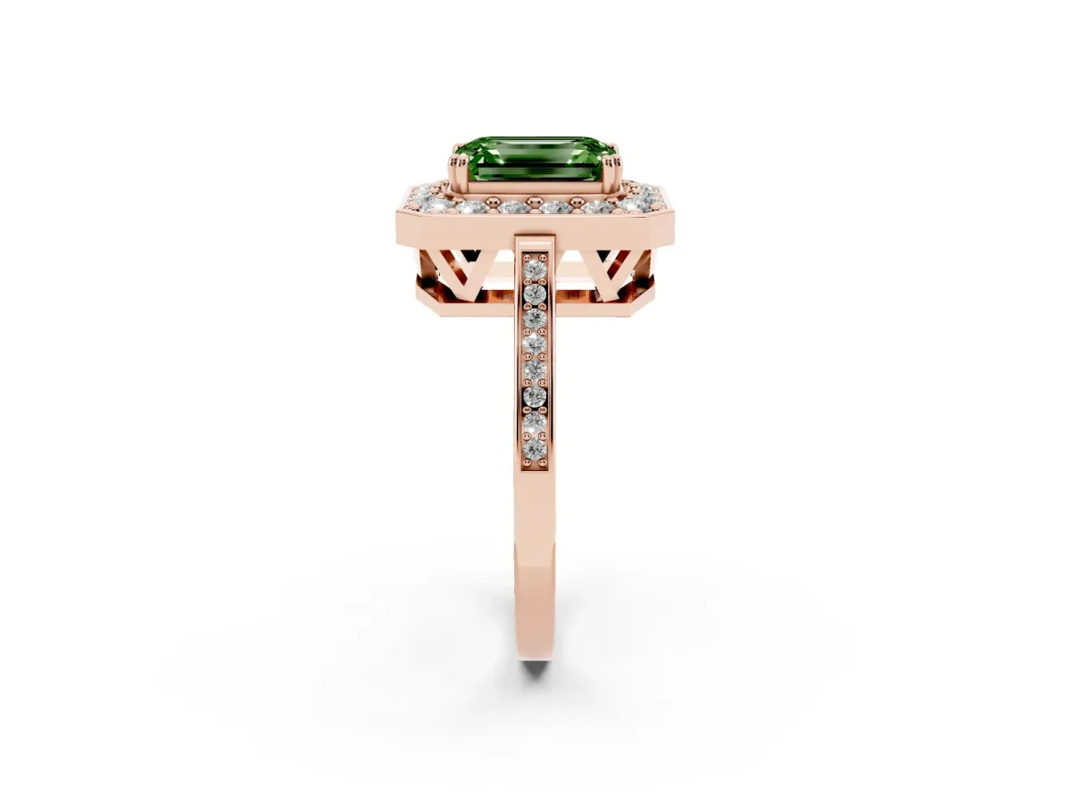 Fancy Green Emerald Cut Diamond Halo Ring with Split Shank and Four-Prong Setting Rose gold