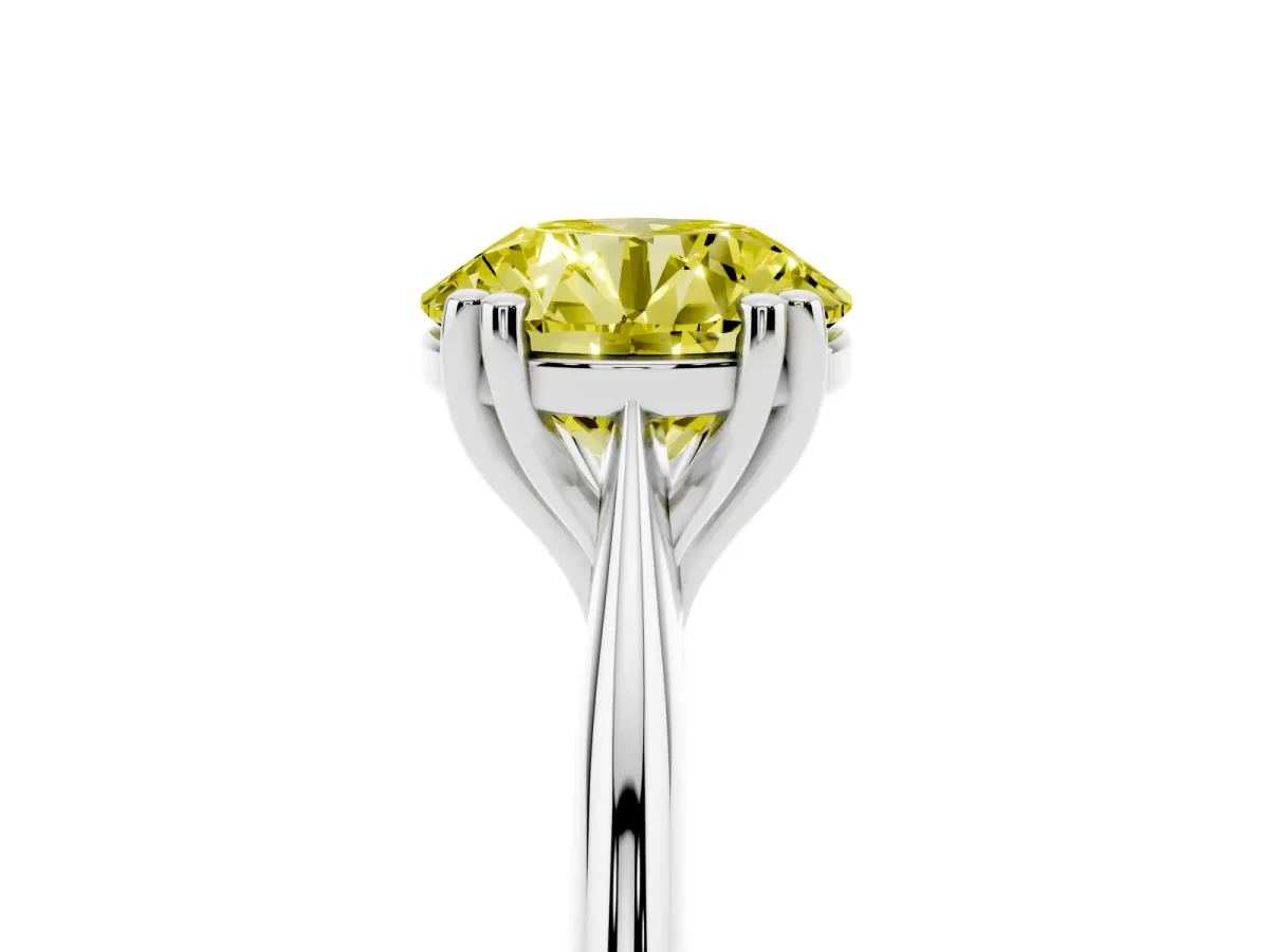 Fancy Yellow Round Cut Solitaire Diamond Ring with Six-Prong Setting and Classic Band Silver