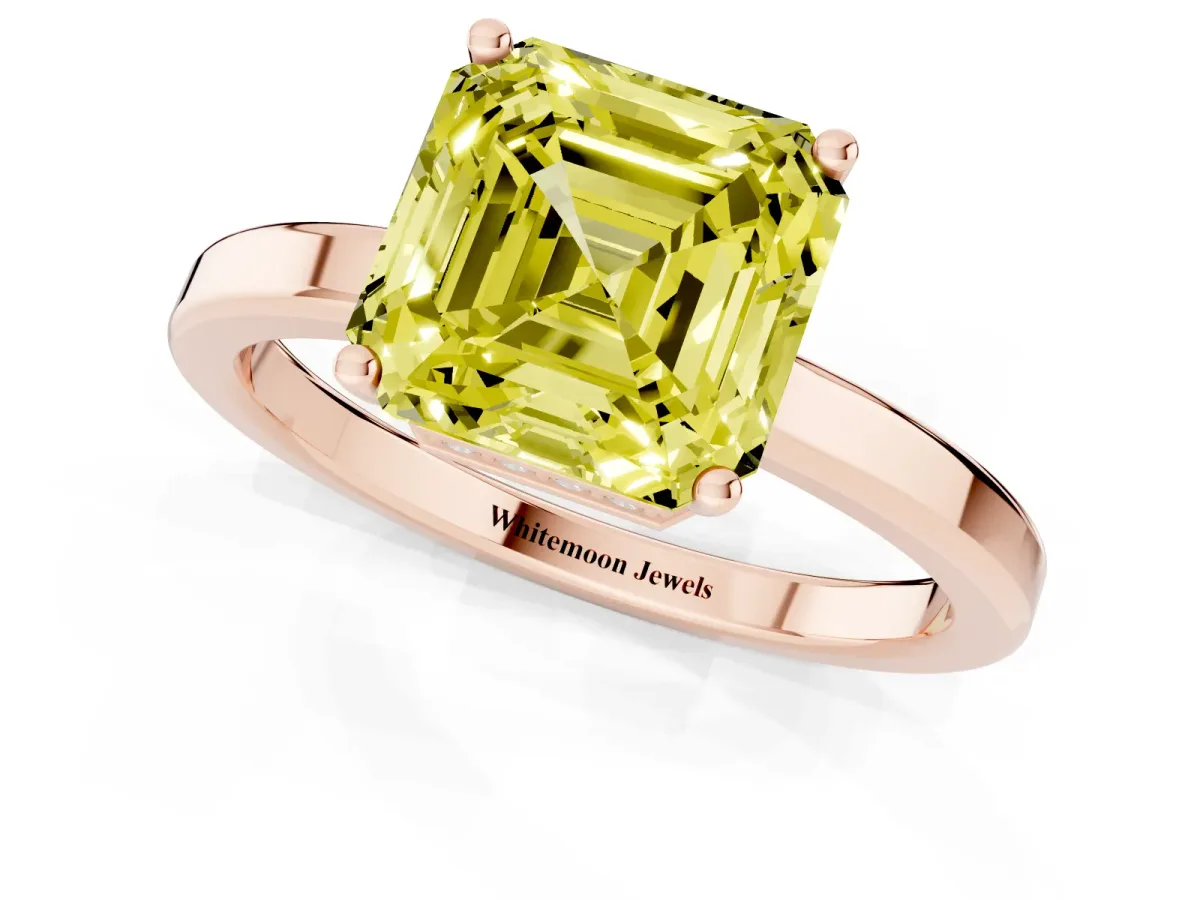 Fancy Yellow Asscher Cut Cut Solitaire Engagement Ring with Four-Prong Setting on a Classic Band Rose gold