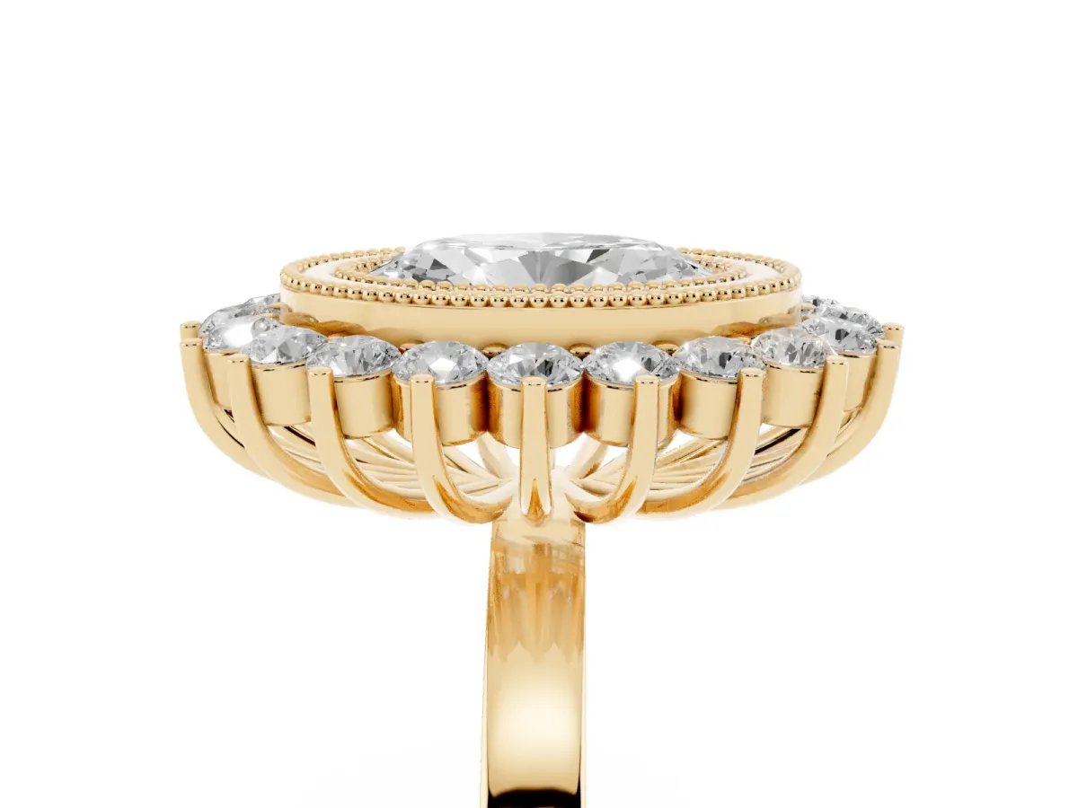 Oval Cut Halo Diamond Ring with Milgrain Edge and Round Prong Setting Yellow gold