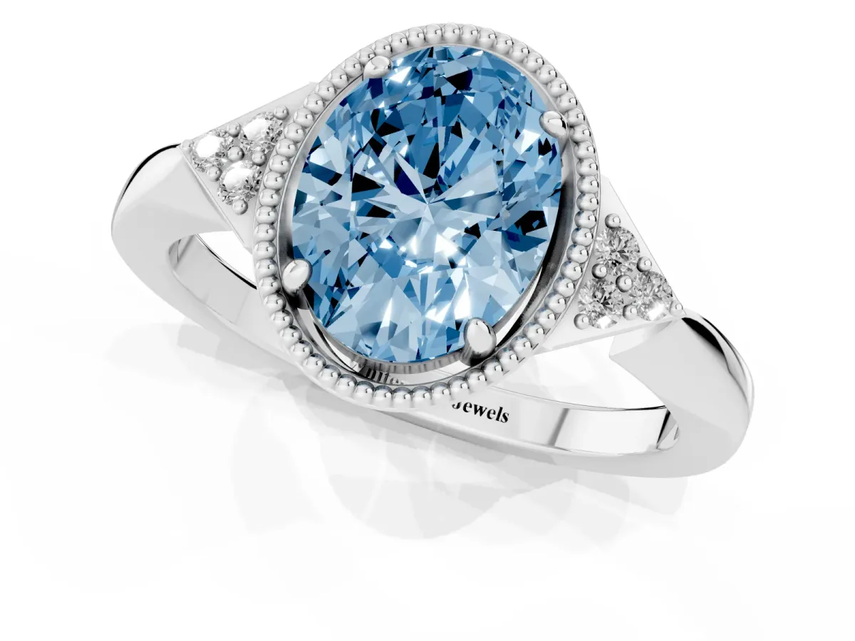 Fancy Blue Hexagonal Halo Oval Cut Diamond Solitaire with Pavé Band and Four-Prong Setting Silver
