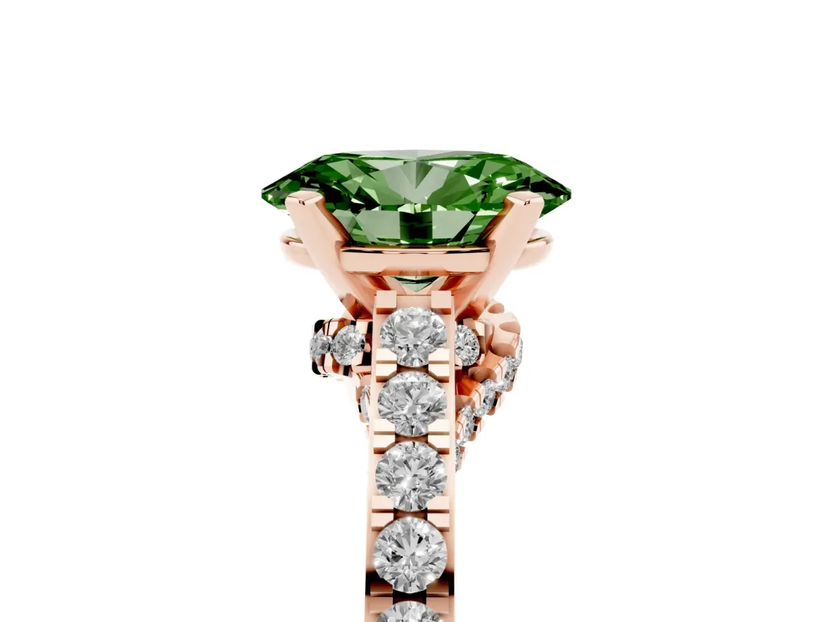 Fancy Green Oval Cut Diamond Solitaire Ring with Crossover Gallery and Round Pavé Band Rose gold