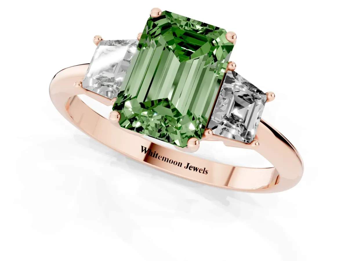 Fancy Green Emerald Cut Diamond Three-Stone Ring with Trapezoid Side Stones and Prong Setting Rose gold
