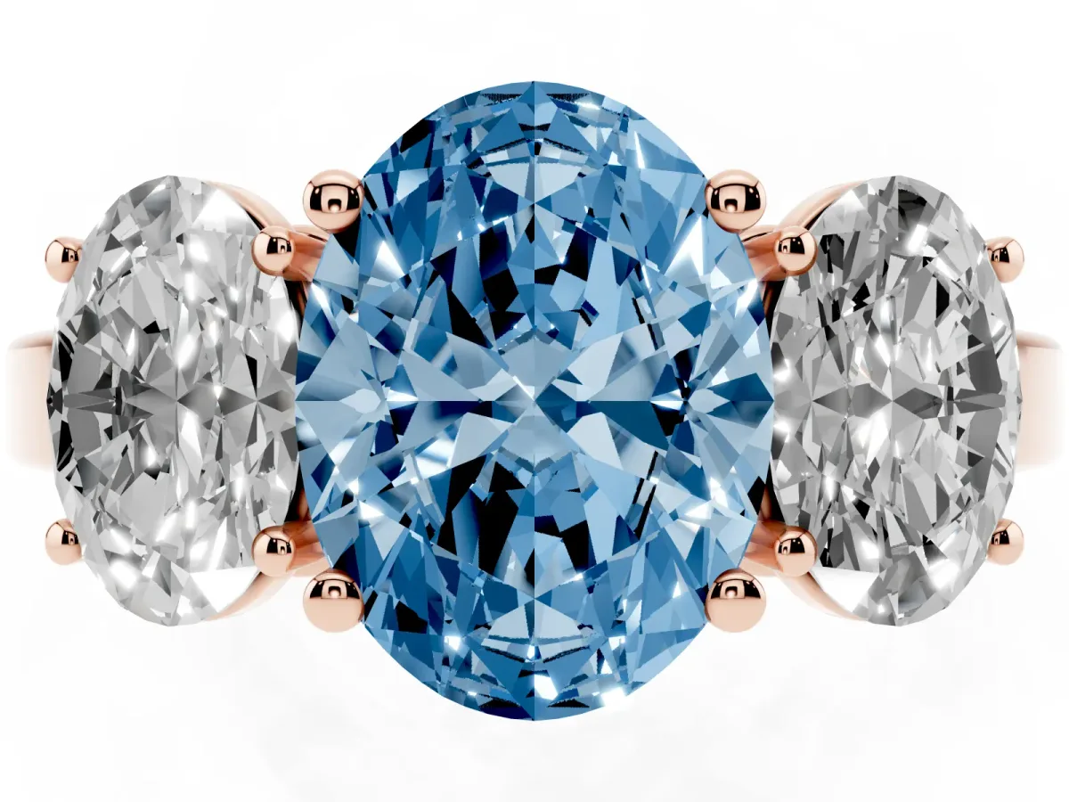 Fancy Blue Three-Stone Oval Cut Cut Diamond Engagement Ring with Flat Band and Four-Prong Setting Rose gold