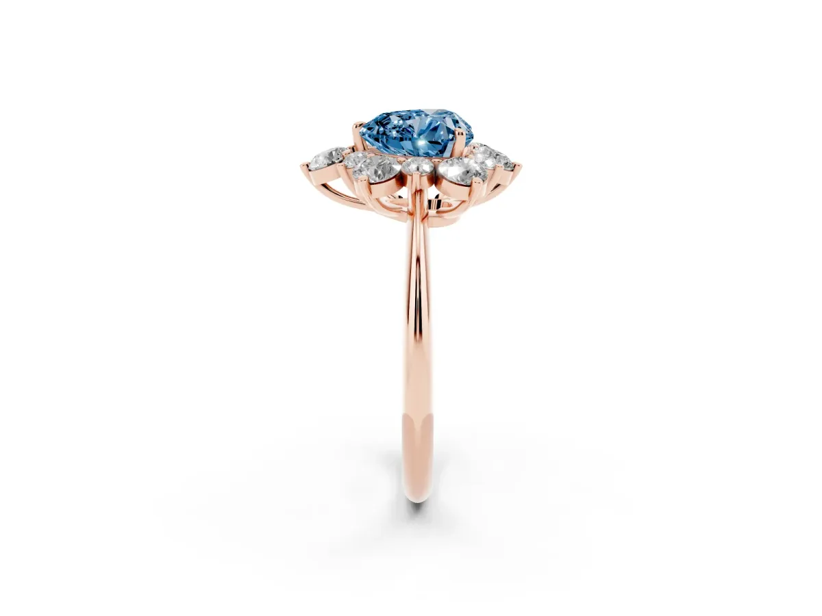 Fancy Blue Heart Cut Diamond Cluster Halo Ring with Solitaire Band and Four-Prong Setting Rose gold