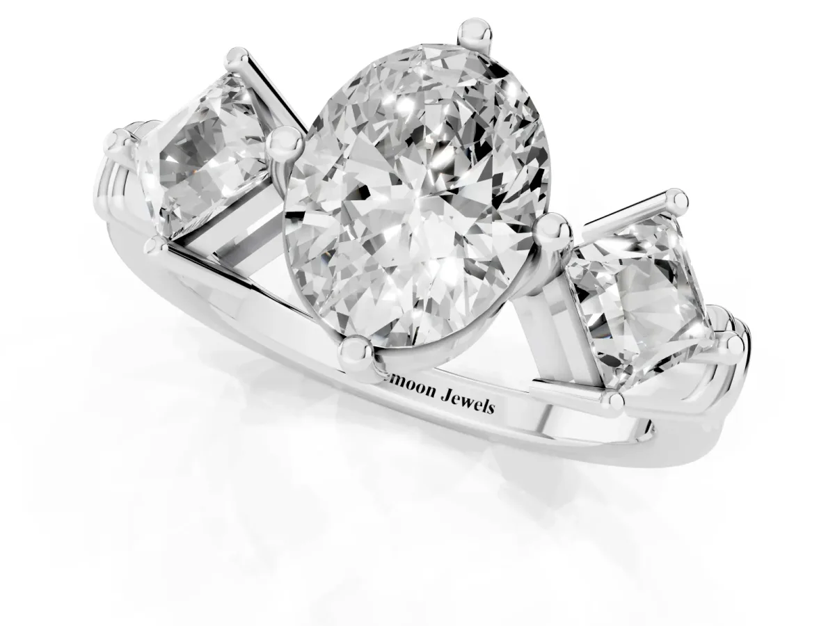 Three-Stone Oval Cut and Princess Cut Diamond Ring with Channel Band and Four-Prong Setting Platinum