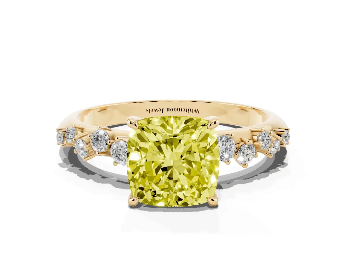 Fancy Yellow Cushion Cut Diamond Cluster Side Stone Solitaire Ring with Prong Setting Yellow gold