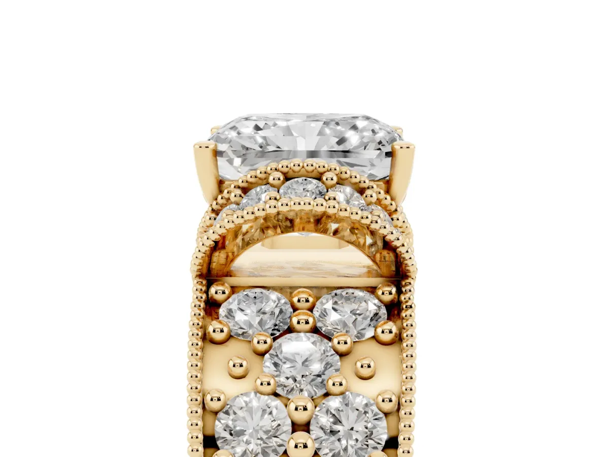 Radiant Cut Halo Pave Diamond Engagement Ring with Milgrain Detailing Yellow gold