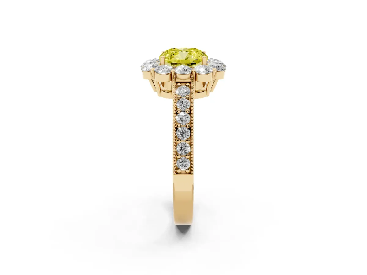 Fancy Yellow Cushion Cut Cut Halo Diamond Pavé Engagement Ring with Milgrain Detailing Yellow gold