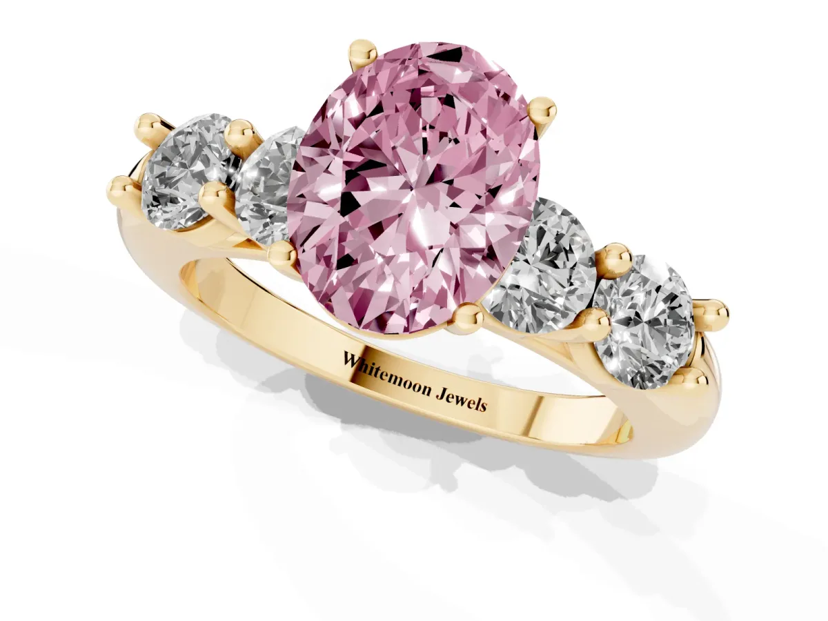 Fancy Pink Oval Cut Cut Five-Stone Prong Set Diamond Ring with Classic Band Yellow gold