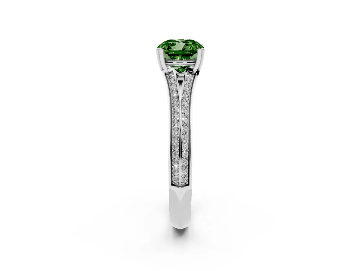 Fancy Green Cushion Cut Diamond Split Shank Engagement Ring with Pavé Band Platinum