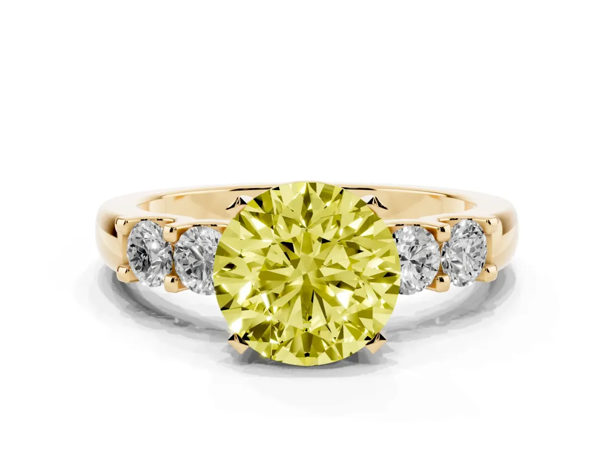 Fancy Yellow Round Cut Brilliant Cut Diamond Five-Stone Prong Set Engagement Ring with Channel Band Yellow gold