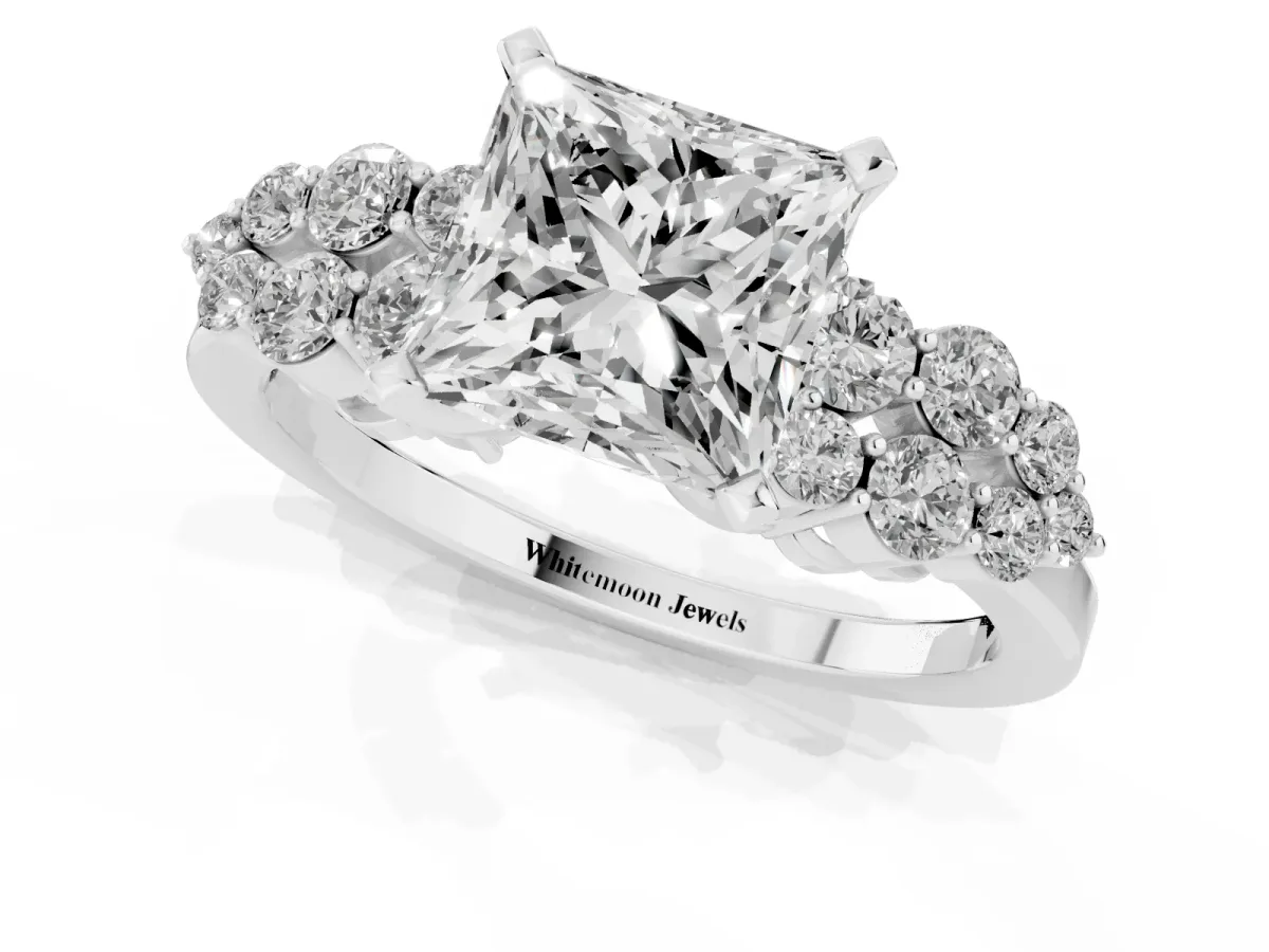 Princess Cut Cluster Diamond Engagement Ring with Pavé Band and Four-Prong Setting Platinum