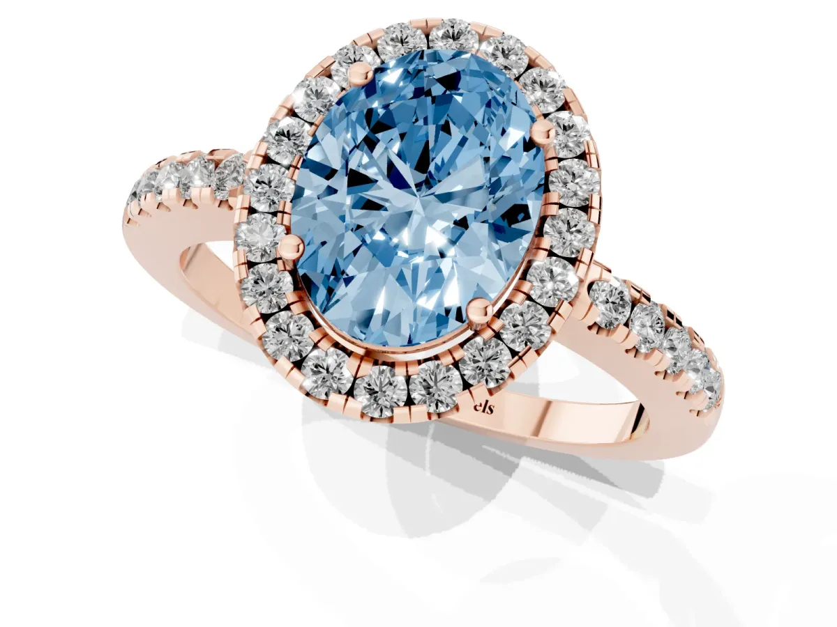 Fancy Blue Oval Cut Halo Diamond Engagement Ring with Pavé Band and Four-Prong Setting Rose gold