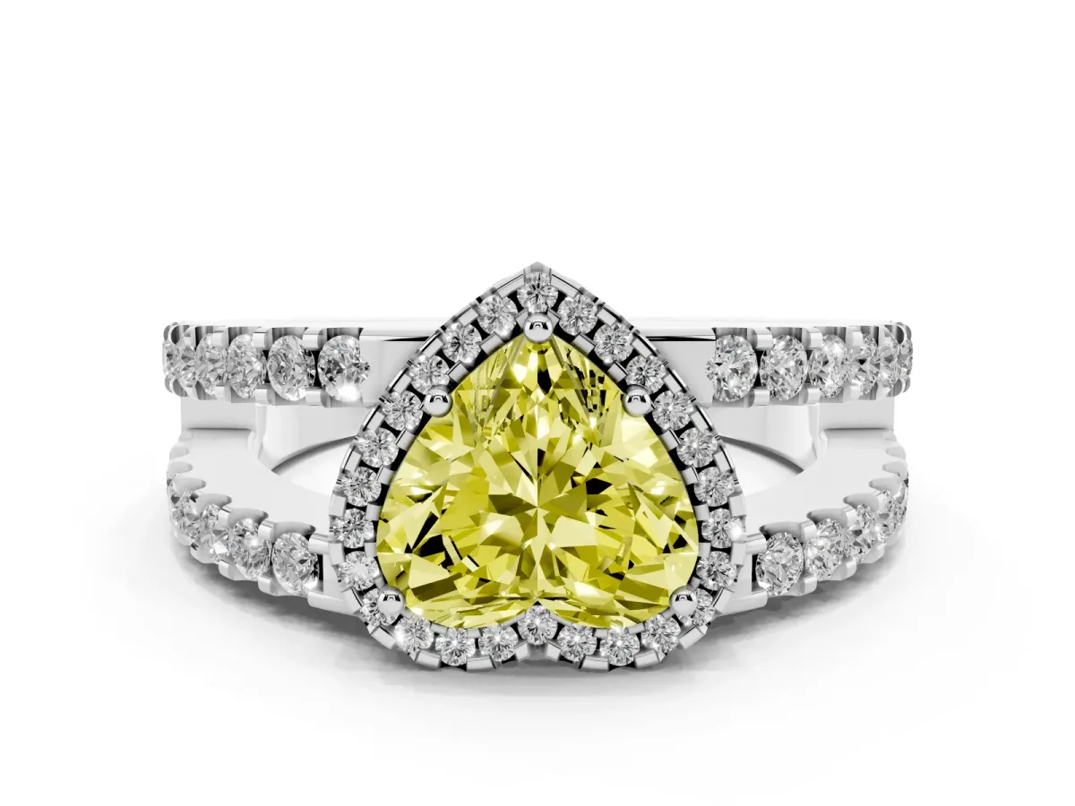 Fancy Yellow Heart Cut Cut Halo Split Shank Diamond Ring with Four-Prong Setting Silver