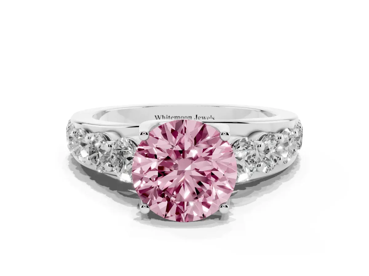 Fancy Pink Round Cut Diamond Engagement Ring with Pavé Band and Four-Prong Setting Platinum