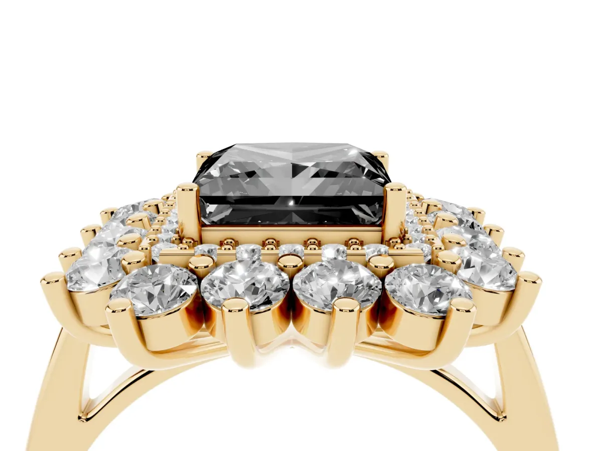 Fancy Black Princess Cut Diamond Floral Double Halo Engagement Ring with Prong Setting Yellow gold