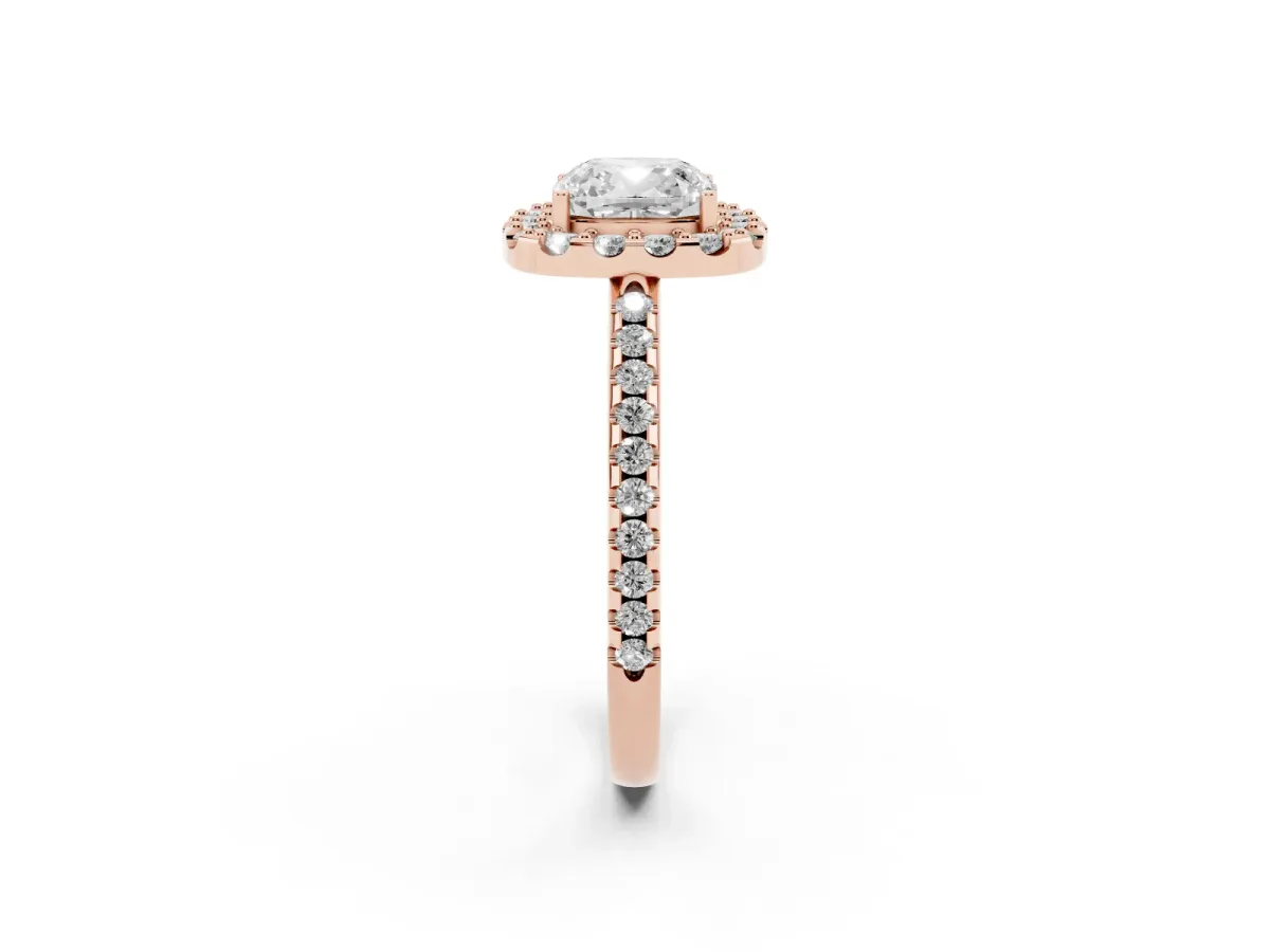 Cushion Cut Diamond Pavé Halo Ring with Four-Prong Setting Rose gold