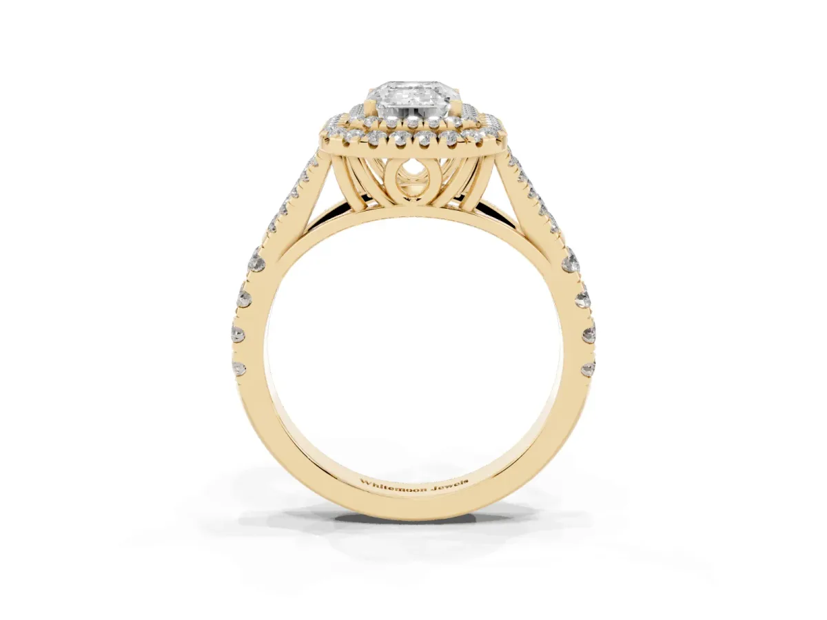 Emerald Cut Diamond Pavé Split Shank Double Halo Engagement Ring Yellow gold