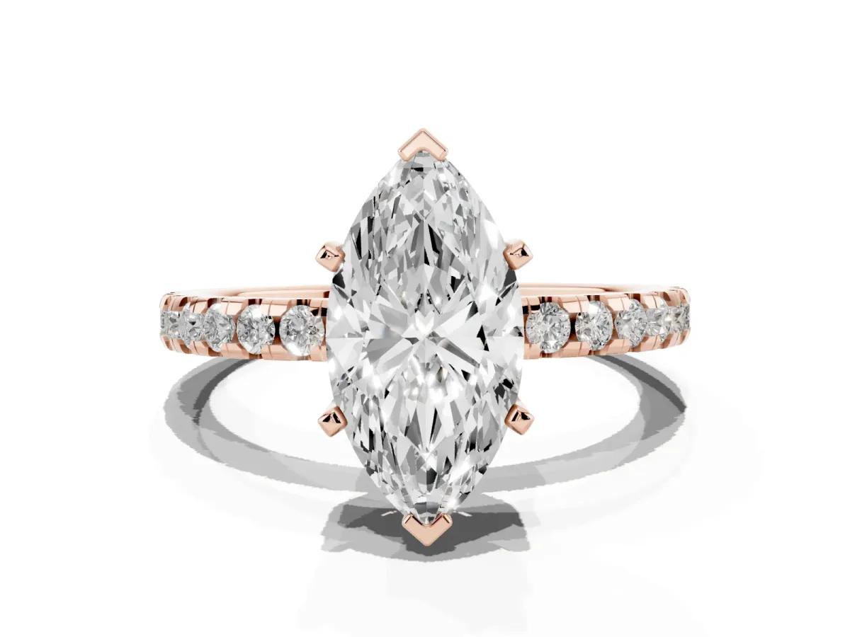 Marquise Cut Diamond Solitaire Ring with Round Pavé Band and Four-Prong Setting Rose gold