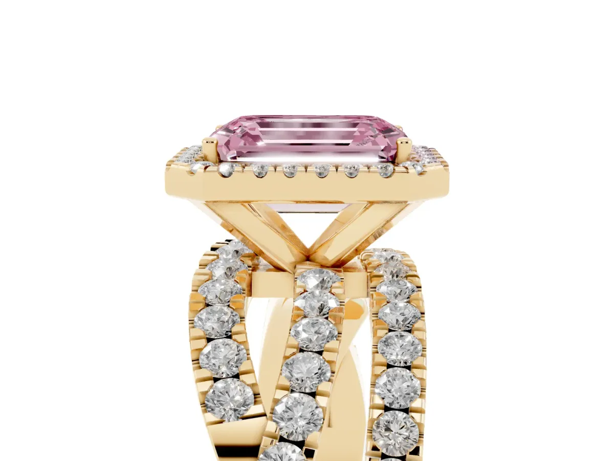 Fancy Pink Emerald Cut Diamond Halo Ring with Round Split Shank and Prong Setting Yellow gold